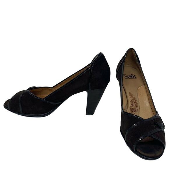 SOFT brown leather suede heels crossed peep toes shoes size 8.5 - Picture 1 of 8